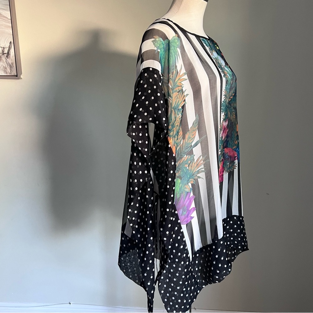 Liz Davenport 100% Silk Short Sleeve Blouse Swim Coverup Side Ties Striped OS - Picture 12 of 14